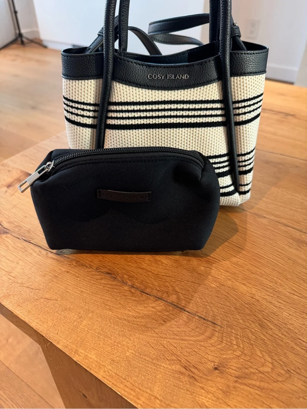 NWOT COSY ISLAND Black and Cream Striped Tote